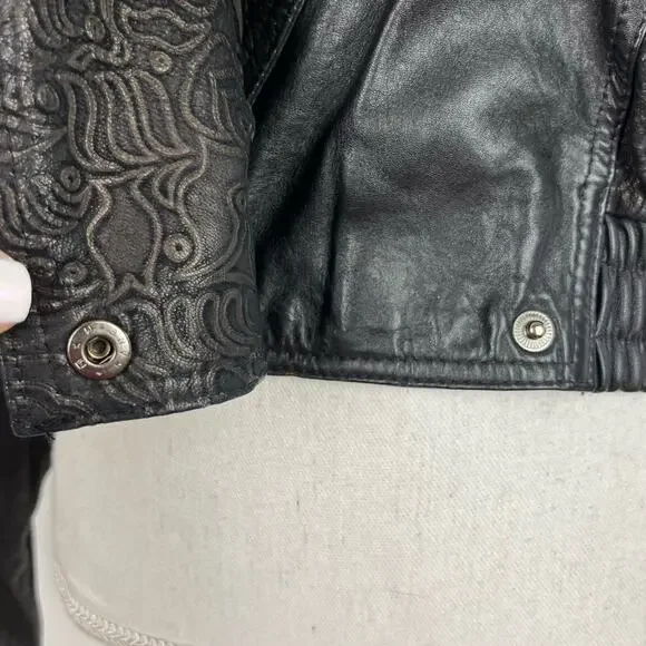 Vintage 80s Womens Black Leather Jacket Cropped Mob Wife Retro Moto Urban Medium - Picture 8 of 11